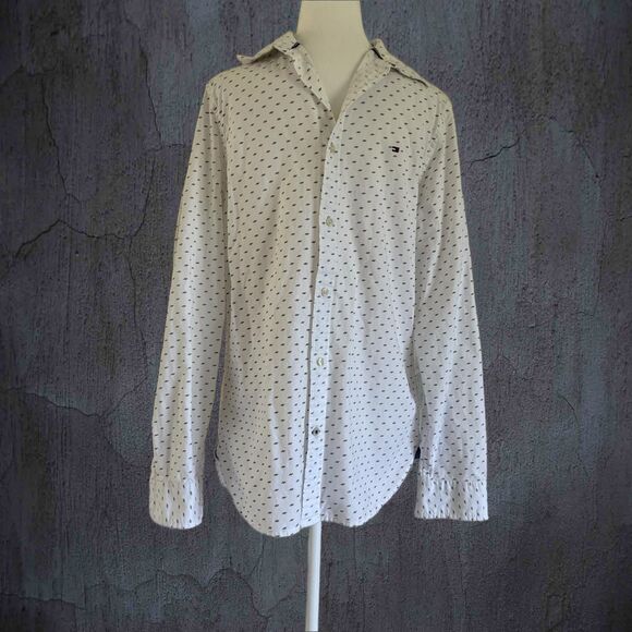 Men's TOMMY HILFIGER Shirt White Tan Print Button Up Long Sleeve Cotton Size S/P - Picture 1 of 7